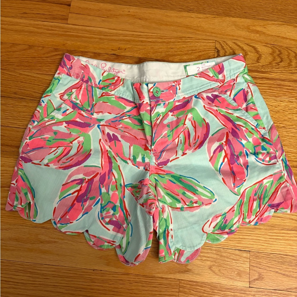 Lilly Pulitzer Pink and Green Bermuda Shorts Vibrant Tropical Print